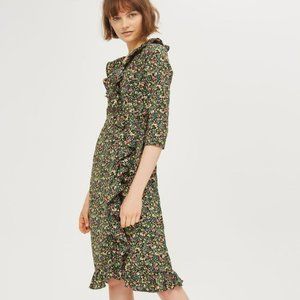 EUC *TOPSHOP* Women's Green Floral Ruffle Wrap Dress US 2 UK 6 EUR 34